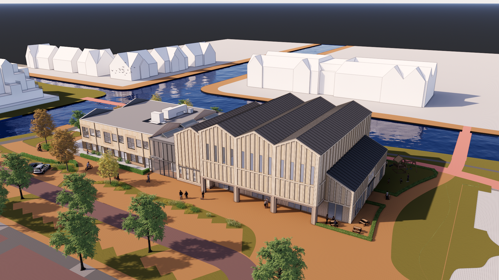 Het voorlopig ontwerp van TOPOS architecten. De nieuwbouw voor de sportzaal, kinderopvang en ontmoetingsruimte voor de buurt komt rechts van de tijdelijke lokalen. Beide gebouwen worden verbonden door een lichte corridor.